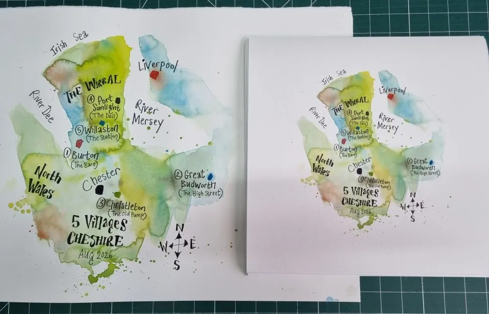 Original watercolour map of Cheshire villages beside its giclée print in the Sinclair studio
